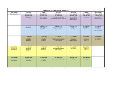 SPRING 2014 FINAL EXAM SCHEDULE Wednesday April 30, 2014 Thursday May 1, 2014