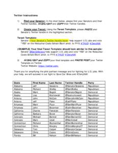 Twitter Instructions: 1) Find your Senator: In the chart below, please find your Senators and their Twitter handles. HI GHLI GHT and COPY their Twitter handles.