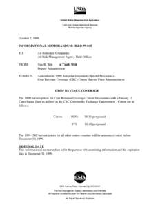 United States Department of Agriculture Farm and Foreign Agricultural Services Risk Management Agency October 7, 1999 INFORMATIONAL MEMORANDUM: R&D[removed]