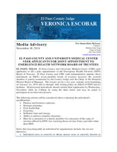 Media Advisory November 18, 2014 For Immediate Release  Contact: