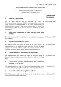 LC Paper No. CB[removed]Panel on Information Technology and Broadcasting List of outstanding items for discussion (position as at 5 November[removed]Proposed timing for discussion