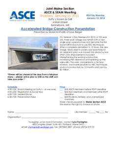 Joint Maine Section ASCE & SEAM Meeting Thursday, January 15, 2015 Duffy’s Tavern & Grill 4 Main Street Kennebunk, ME