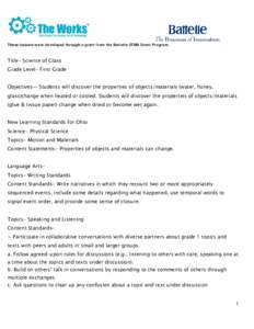 These lessons were developed through a grant from the Battelle STEM Grant Program.  Title- Science of Glass Grade Level- First Grade Objectives— Students will discover the properties of objects/materials (water, honey,