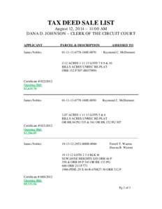 TAX DEED SALE LIST  August 12, 2014 – 11:00 AM DANA D. JOHNSON – CLERK OF THE CIRCUIT COURT APPLICANT James Nobles