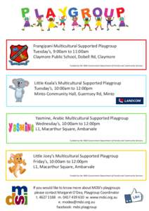 Frangipani Multicultural Supported Playgroup Tuesday’s, 9:00am to 11:00am Claymore Public School, Dobell Rd, Claymore Funded by the NSW Government Department of Family and Community Services  Little Koala’s Multicult