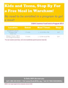 Kids and Teens, Stop By For a Free Meal in Wareham! No need to be enrolled in a program to get a meal! USDA’s Summer Food Service Program 2014