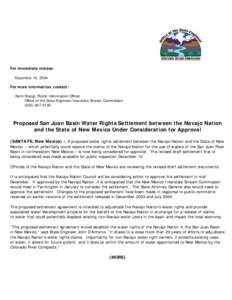 For immediate release: December 10, 2004 For more information, contact: Karin Stangl, Public Information Officer Office of the State Engineer/Interstate Stream Commission[removed]