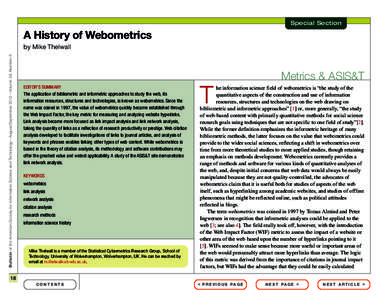 Special Section  A History of Webometrics Bulletin of the American Society for Information Science and Technology – August/September 2012 – Volume 38, Number 6  by Mike Thelwall