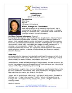 Davidson Fellow  Janet Song ($25,000 Scholarship Recipient)  Personal Info