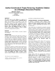 Author-Constructs & Trojan Horse-ing: Academic Citation as a Strategic Discursive Practice Michael R. Olsson University of Technology, Sydney Address e-mail address