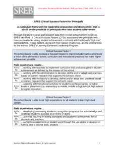 Information Revised by Michele Seelbach, IBHE, per Kathy O’Neill, SREB, [removed]SREB Critical Success Factors for Principals A curriculum framework for leadership preparation and development that is based on the prac