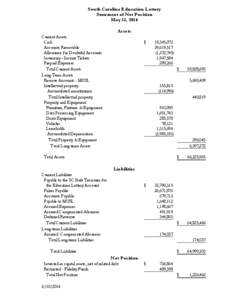 South Carolina Education Lottery Statement of Net Position May 31, 2014 Assets Current Assets Cash