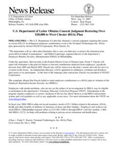 News Release U.S. Department of Labor Office of Public Affairs Philadelphia, Pa. Release Number: [removed]PHI (ebsa 096)