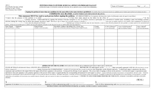 AW2-4 Prescribed by Secretary of State Sections[removed], [removed], Texas Election Code[removed]PETITION FOR STATEWIDE JUDICIAL OFFICE ON PRIMARY BALLOT