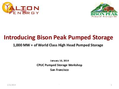 Introducing Bison Peak Pumped Storage 1,000 MW + of World Class High Head Pumped Storage January 16, 2014  CPUC Pumped Storage Workshop