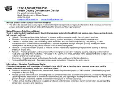 FY2014 Annual Work Plan Asotin County Conservation District For More Information Contact: Sandy Cunningham or Megan Stewart[removed]removed] [removed]