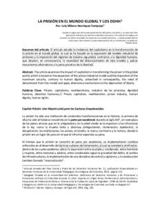 LA PRISIÓN EN EL MUNDO GLOBAL Y LOS DDHH1 Por: July Milena Henríquez Sampayo2 Cuando en algún país del mundo pueda decirse Mis pobres son felices y no hay entre ellos ignorancia ni dolores; las cárceles están libre