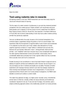 March 26, 2008  Tool-using rodents rake in rewards By teaching rodents to use tools, RIKEN researchers can now more easily study the neural and molecular bases for learning. The first report of a rodent trained in the la