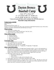 June 15th to June 18th 1st– 5th*grade 8:00 a.m.-10:00 a.m. 6th-9th*grade 10:30 a.m.-12:30 p.m. * Denotes the grade the player will be entering in theschool year  Baseball Camp Information