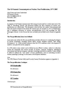 The G8 Summit Communiqués on Nuclear Non-Proliferation, [removed]John Kirton and Laura Sunderland G8 Research Group [removed] November 2005 Introduction: