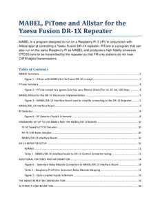 MABEL, PiTone and Allstar for the Yaesu Fusion DR-1X Repeater MABEL is a program designed to run on a Raspberry Pi 3 (rPi) in conjunction with Allstar/app-rpt controlling a Yaesu Fusion DR-1X repeater. PiTone is a progra