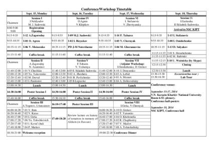Conference/Workshop Timetable Sept. 15, Monday Sept. 16, Tuesday  Sept. 17, Wednesday