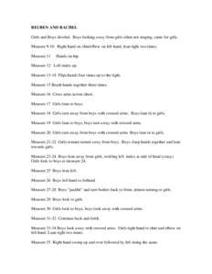 REUBEN AND RACHEL Girls and Boys divided. Boys looking away from girls when not singing, same for girls. Measure 9-10 Right hand on chin/elbow on left hand, lean right two times. Measure 11  Hands on hip.