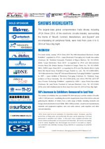 GOLD SPONSOR  SHOWS HIGHLIGHTS The largest-class global comprehensive trade shows, including JPCA Show 2014, of the electronic circuits industry, surrounding the theme of “Mount, Connect, Manufacture, and Expand” and