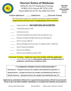 Choctaw Nation of Oklahoma WIOA/PL[removed]Employment Training PO BOX 1210 • Durant, OK[removed]Phone[removed] • Fax[removed]Program applying for: _________ Employment