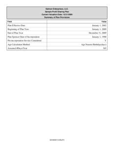 Salmon Enterprises, LLC. Sample Profit Sharing Plan Current Valuation Date: Summary of Plan Provisions Field