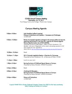 CCASA Annual Campus Meeting  Wednesday, July 16, 2014 Front Range Community College—Westminster Campus  Campus Meeting Agenda