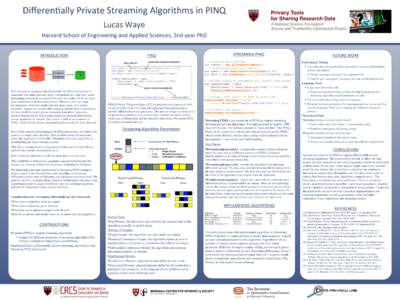 DiﬀerenJally	
  Private	
  Streaming	
  Algorithms	
  in	
  PINQ	
   Lucas	
  Waye	
   Harvard	
  School	
  of	
  Engineering	
  and	
  Applied	
  Sciences,	
  2nd	
  year	
  PhD	
   INTRODUCTION	
  