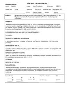 Nonadmitted Insurance/Surplus Line Brokers/BOE & FTB With Approval Of DOF May Become Party To Reciprocal Surplus Line Premium Tax Compact Or Agreement