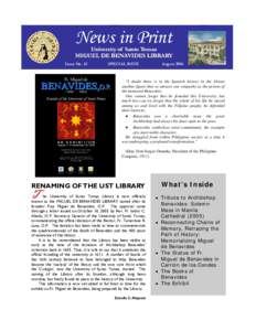 News in Print  University of Santo Tomas MIGUEL DE BENAVIDES LIBRARY  Issue No. 53