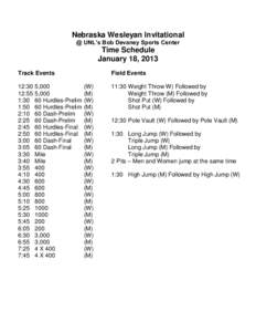 Nebraska Wesleyan Invitational @ UNL’s Bob Devaney Sports Center Time Schedule January 18, 2013 Track Events