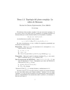 Tema 1.2: Topología del plano complejo. La esfera de Riemann Facultad de Ciencias Experimentales, CursoE. de Amo Pretendemos dotar al plano complejo C de una estructura topológica. Si de lo que se trata es de 