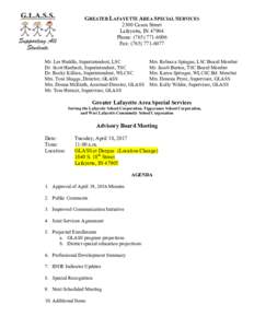 GREATER LAFAYETTE AREA SPECIAL SERVICES 2300 Cason Street Lafayette, INPhone: (Fax: (Mr. Les Huddle, Superintendent, LSC