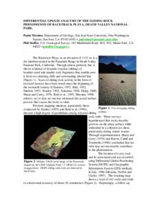 DIFFERENTIAL GPS/GIS ANALYSIS OF THE SLIDING ROCK PHENOMENON OF RACETRACK PLAYA, DEATH VALLEY NATIONAL PARK. Paula Messina; Department of Geology; San José State University; One Washington Square; San José, CA[removed]