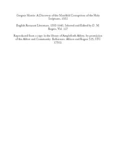 Gregory Martin: A Discovery of the Manifold Corruptions of the Holy Scriptures, 1582 English Recusant Literature, [removed], Selected and Edited by D. M. Rogers, Vol. 127 Reproduced from a copy in the library of Amplefor