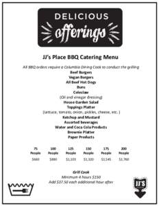 JJ’s Place BBQ Catering Menu All BBQ orders require a Columbia Dining Cook to conduct the grilling Beef Burgers Vegan Burgers All Beef Hot Dogs Buns