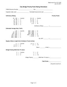 Attachment A to I.M[removed]July 18, 2011 City Bridge Priority Point Rating Worksheet FHWA Structure Number: _______________________ City: ___________________________ Inspection date used: ____________________ Estimated i