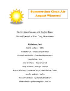 Summertime Clean Air August Winners! Electric Lawn Mower and Electric Edger Diana Kiperash – West Corp, Downtown $25 Safeway Cards