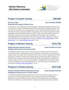 Salmon Recovery 2014 GRANTS AWARDED Project in Asotin County  $40,000