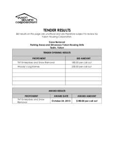 TENDER RESULTS Bid results on this page are unofficial and are therefore subject to review by Yukon Housing Corporation. Snow Removal Parking Areas and Driveways Yukon Housing Units Teslin, Yukon