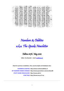 Numbers & Oddities a.k.a. The Spooks Newsletter Edition #176, May 2012 Editor: Ary Boender email:   Check for previous newsletters, info, sound samples and databases also: