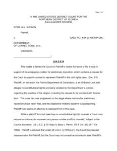 Page 1 of 2  IN THE UNITED STATES DISTRICT COURT FOR THE NORTHERN DISTRICT OF FLORIDA TALLAHASSEE DIVISION ROSS JAY LAWSON,