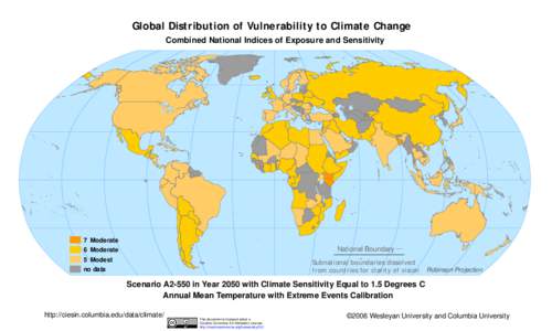 Global Distribution of Vulnerability to Climate Change Combined National Indices of Exposure and Sensitivity 7 Moderate  National Boundary