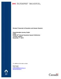 Revised Transcript of Question and Answer Session  Superintendent Jeremy Rudin at the KPMG 23rd Annual Insurance Issues Conference Toronto, Ontario