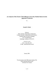 An Analysis of the Factors That Influence University Student Interest in the Appraisal Profession by Donald H. Bleich