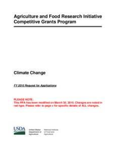 Agriculture and Food Research Initiative Competitive Grants Program Climate Change FY 2010 Request for Applications